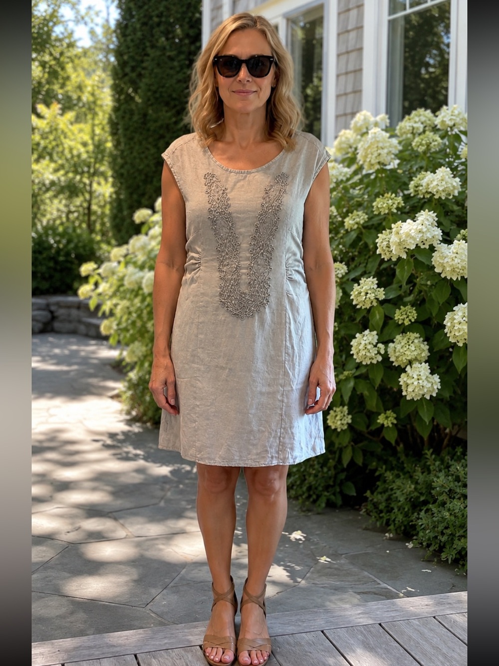 Embroidered Light Gray 100% Linen Shift Dress